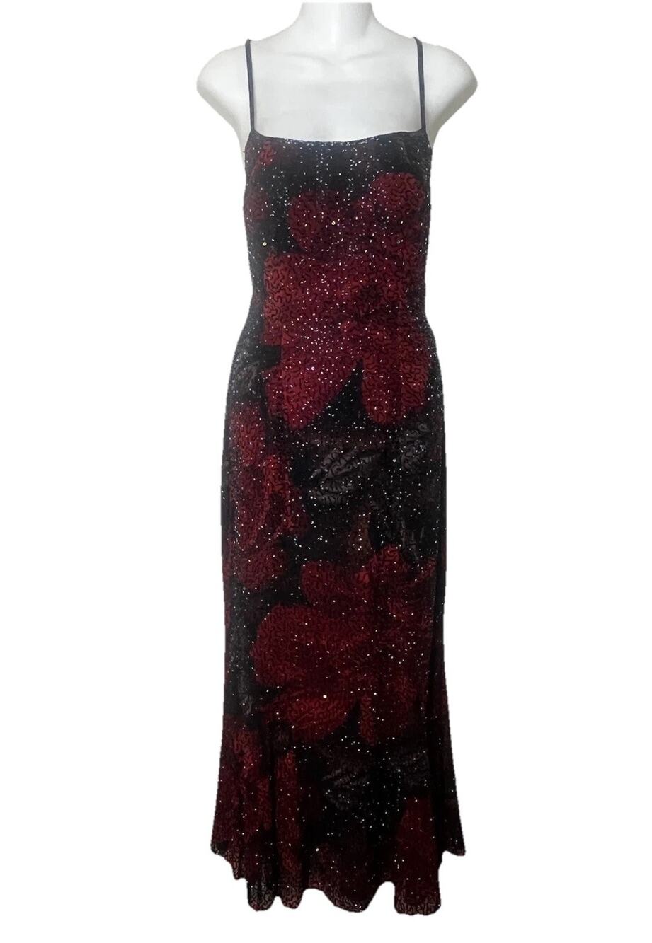Vintage CACHE Beaded Sequin Floral Evening Dress Black Red Open Back Size M